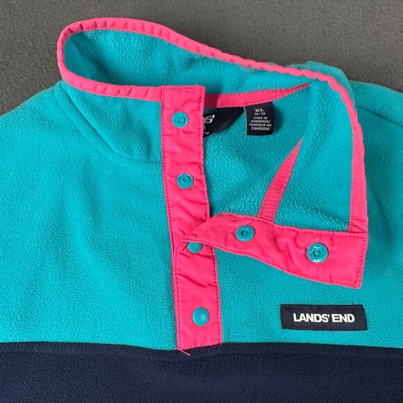 Lands End Girls XL 14-16 Fleece Pullover Colorblock Snap Neck Turquoise Pink Nav - Picture 6 of 10